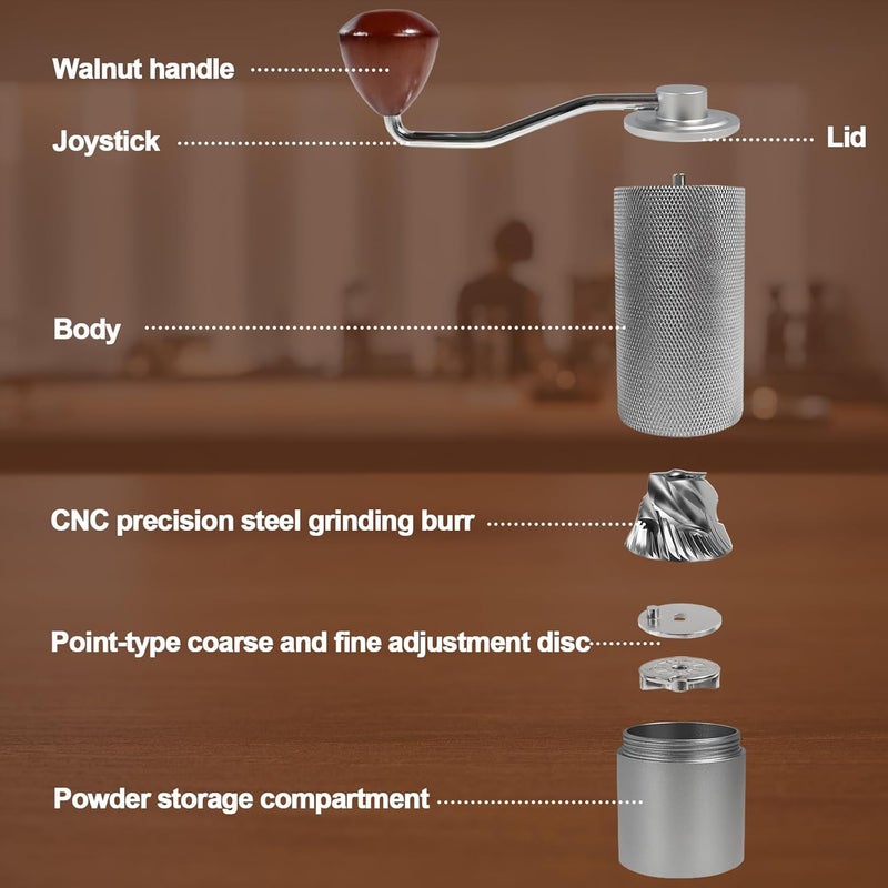 DITOSH Manual Coffee Grinder Non-Detachable Stainless Steel Conical Burr Aluminum Coffee Bean Grinder with 25 Grinding Settings Cleaning Brush Grindable Espresso Moka Pot French Press for Camping Silver - Image 4